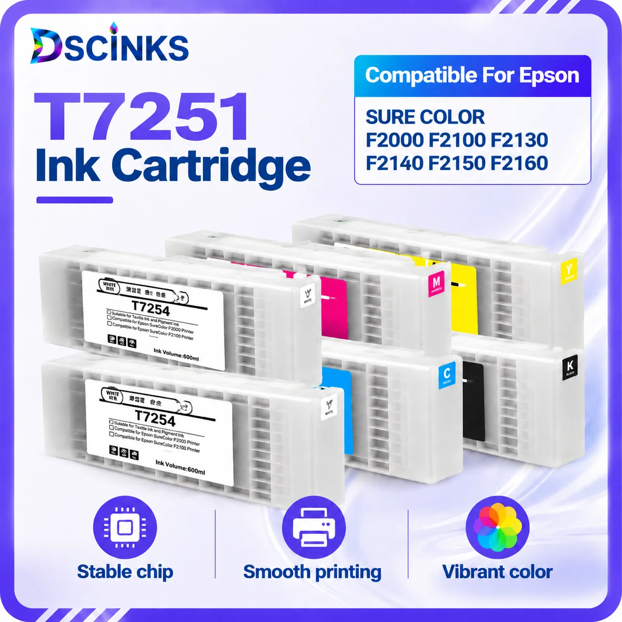 T7251 T7252 T7253 T7254 T725A Compatible Ink Cartridge For Epson Surecolor F2000 F2100 F2130 F2140 Printer Full DTG Textile Ink