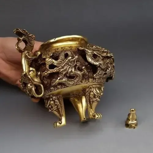 Chinese Brass Gilt Nine Dragons Hollow-out Incense Burner Censer Incensory Burner Statue