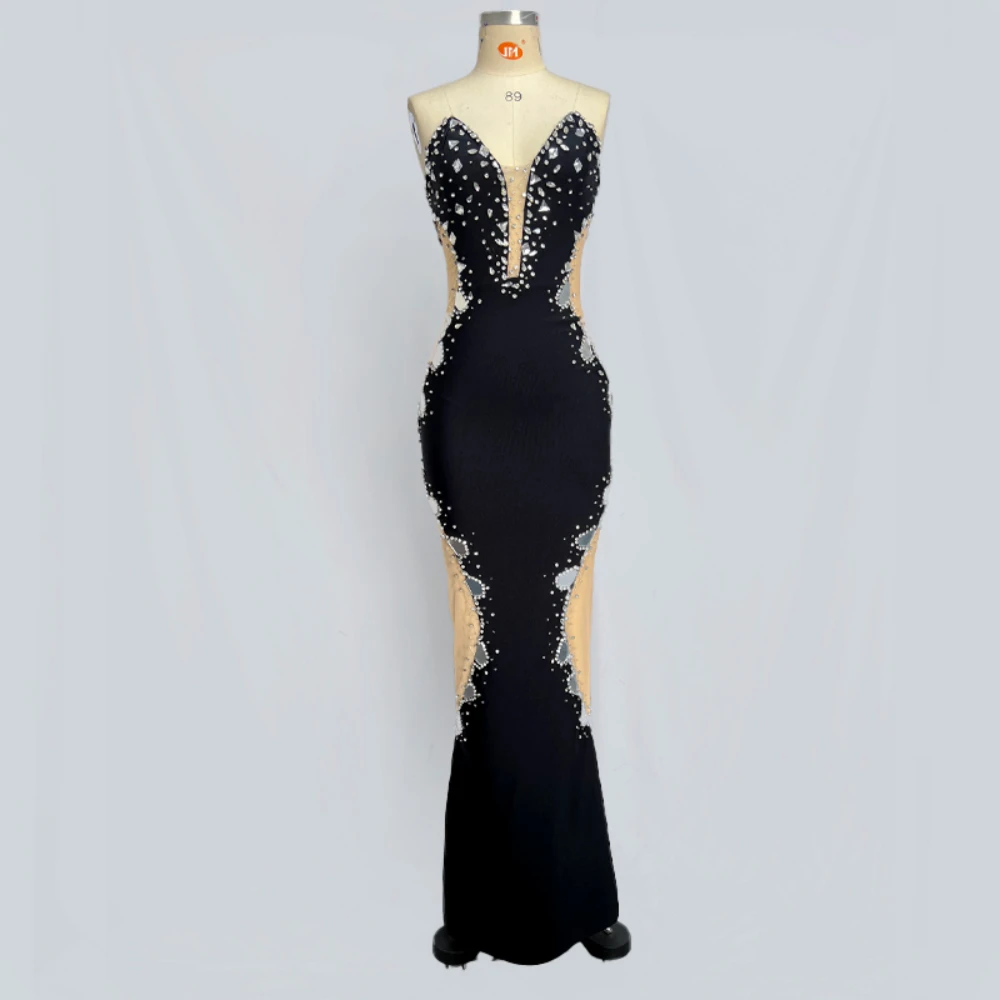 Sexy Glitter Black Mermaid Evening Dress for Women Strapless Celebrity Prom Gown Cocktail Party Dress Bandage Long Dresses