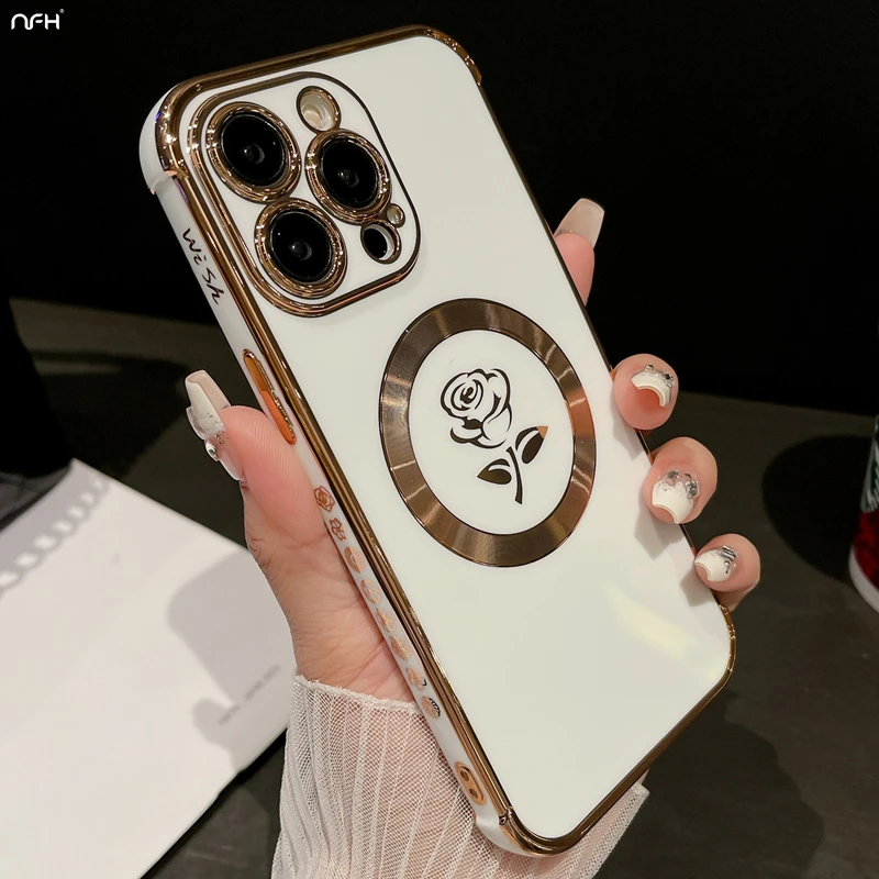 For iPhone 15 Pro Max Luxury Magsafe Magnetic Flowers Plating Frame Phone Case For iPhone 11 12 13 14 16 Plus Protective Cover