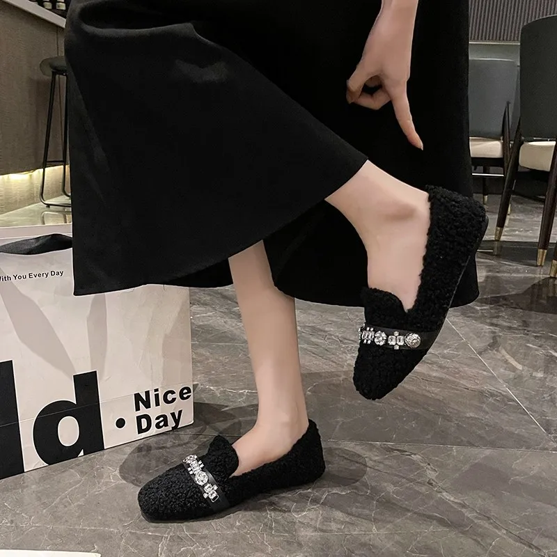 Women's Soft-Soled Plush Loafers, Korean Style Fur Shoes 2026 New Square-Toe Rhinestone Fleece Slip-Ons Cotton Shoes