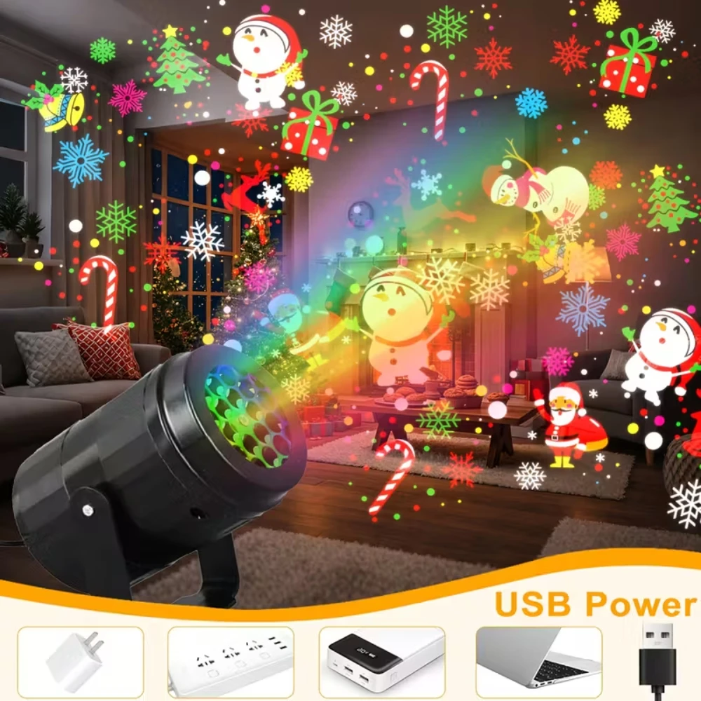 Proyector LED USB de Navidad, luces navideñas, lámpara de noche de proyección navideña, foco de copo de nieve de Papá Noel para decoración de fiesta de año nuevo