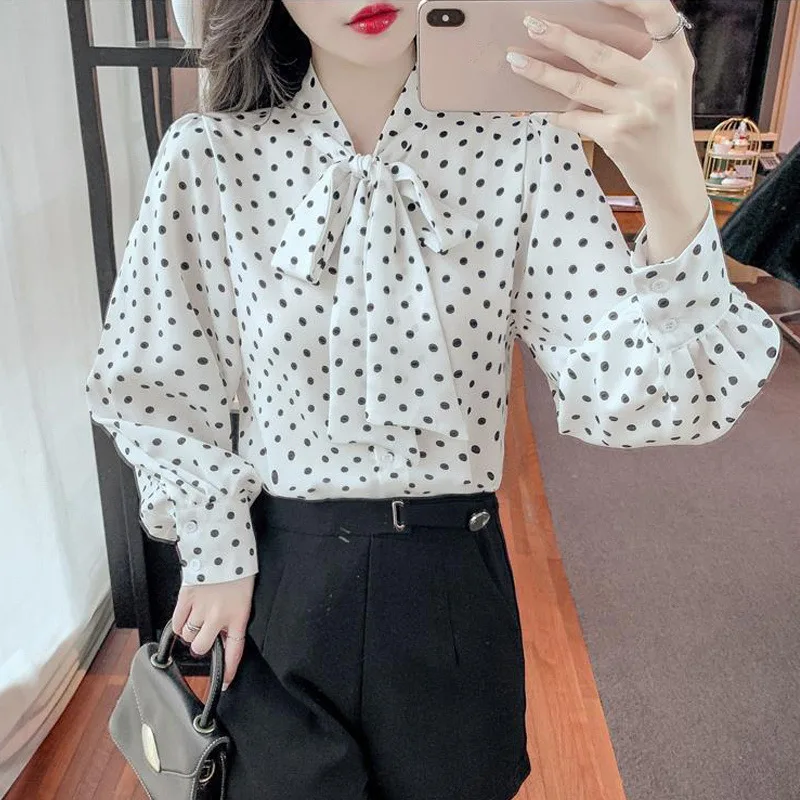 2022 New Autumn Korean Elegant Polka Dot Printed Bow Chiffon Shirt for Women Casual Long Sleeve Loose Office Lady Blouse Top 4XL