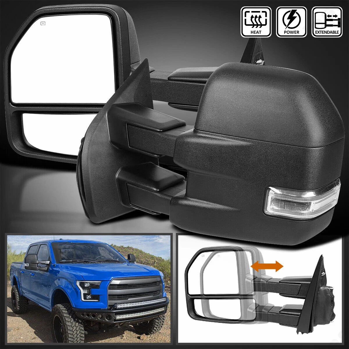 (8 pin) For 2015-2018 Ford F-150 F150 Pair Power Heated Puddle Light Turn Signal Black Tow Mirrors Power,Heated, Turn Signal