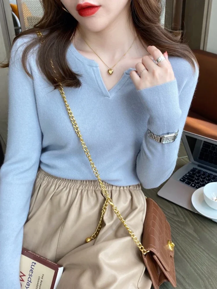 

Lady Casual Slim Versatile Long Sleeve Tops Elegant Solid V-neck Pullovers Autumn Winter Fashion Knit Sweater Women Clothing