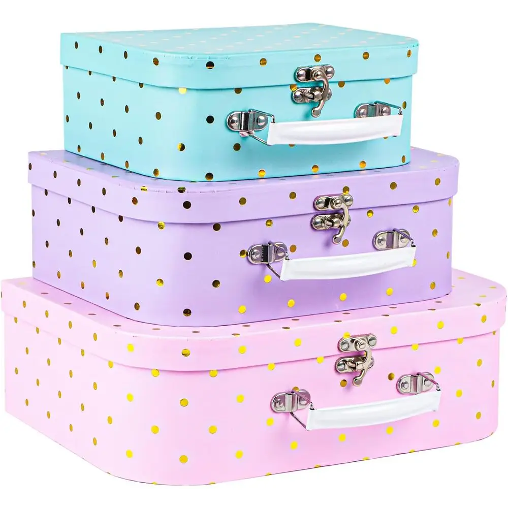 

Набор из 3-х картонных чемоданов в горошек из золотой фольги для фотографий, домашнего декора и подарочных коробок