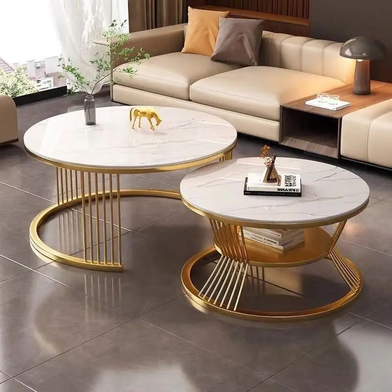 Modern Nordic Luxury Marble Tabletop Coffee Table Set Simple White Metallic Stone Gold Nested for Living Room Center Home Decor