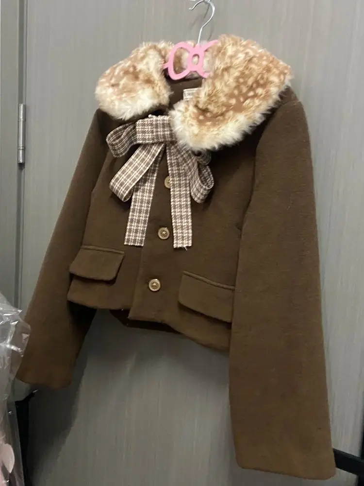French Retro Brown Plush Lapel Woolen Short Coat Women Plaid Bow Design Elegant Slim Jacket New Vintage Christmas Clothing 2025