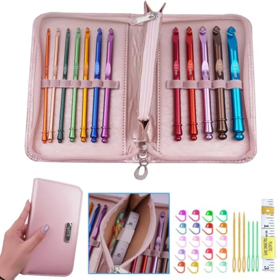 

Latest Inline Crochet Hook Set with Case Aluminum Ergonomic Crochet HooksNon-Slip Hooks for Arthritic Hands Nice Gift for Women