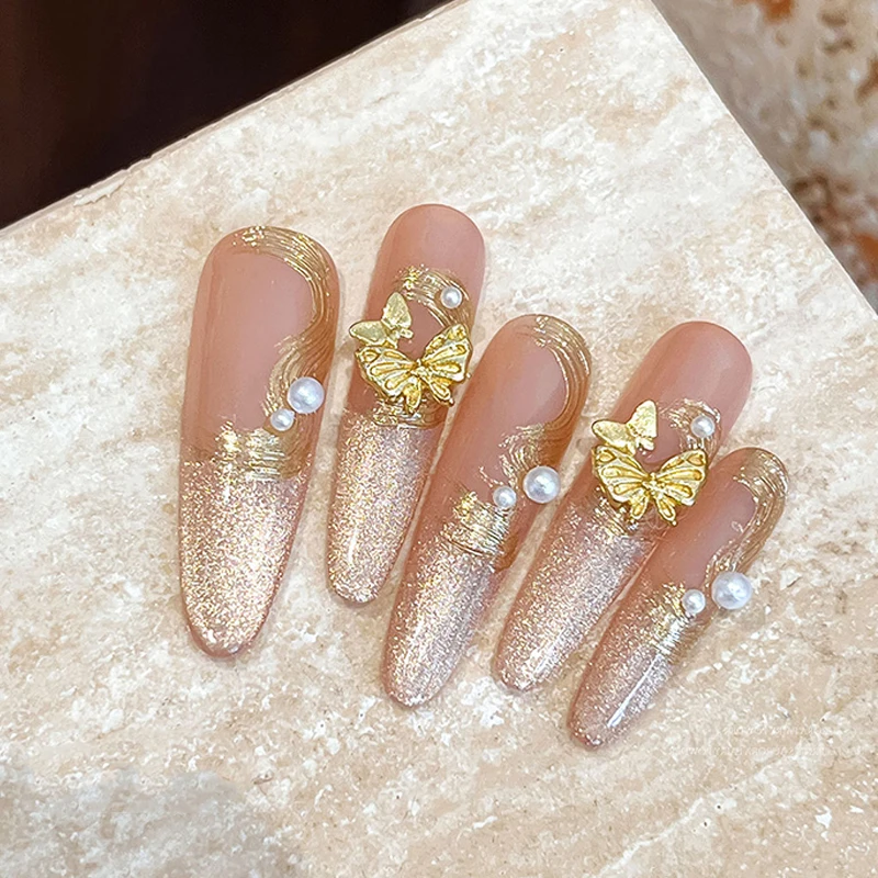 10 قطعة فراشة مزدوجة سبيكة مسمار الفن سحر الذهب/الفضة/الأبيض الأظافر زينة مجوهرات فاخرة ثلاثية الأبعاد مسمار الملحقات شقة الظهر #5