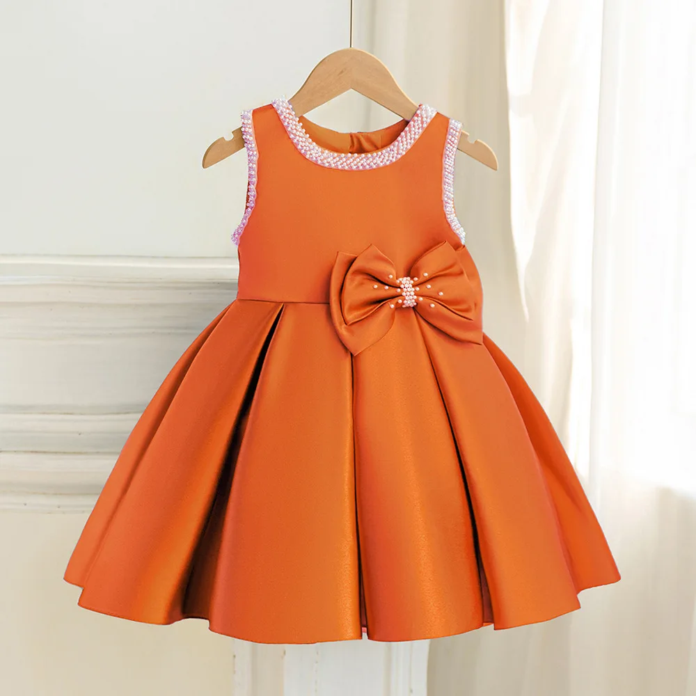 HETISO Beading Kids Party Festive Ball Gown Girls Child Elegant Sleeveless Dresses for Bridesmaid Wedding Ceremony
