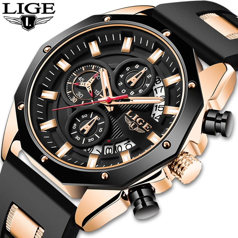 LIGE Fashion Mens Watches Top Brand Luxury Silicone Sport Watch Men Quartz Date Clock Waterproof Wristwatch Relogio Masculino