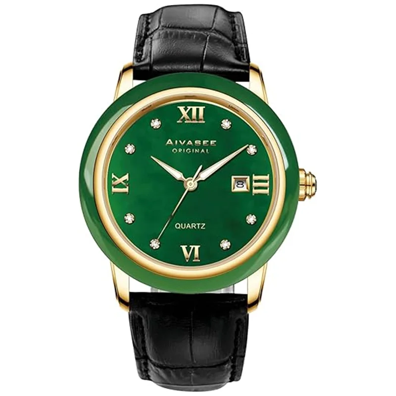 Aivasee Luxury Green Jade Watch for Men with Japanese Miyota Quartz Movement, Leather Strap Mens Analog Waterproof Wrist Watch