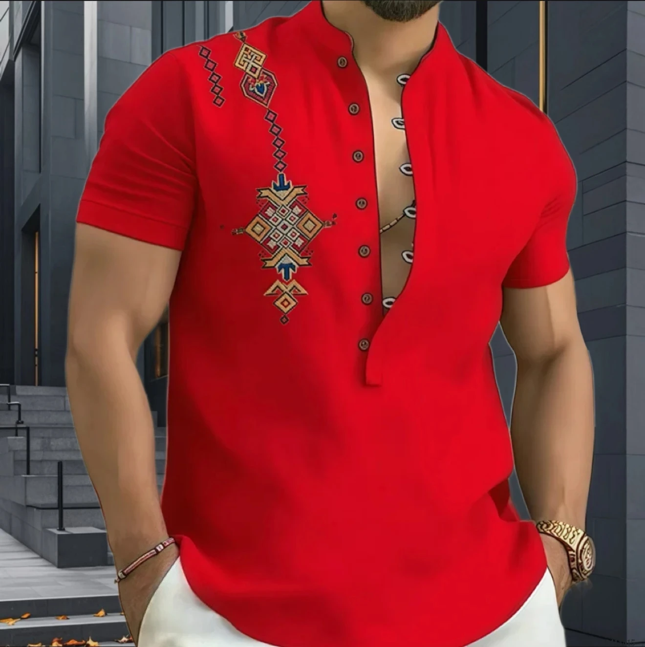 12 Colors Men's Tribal Print Shirts High Quality Men's Shirts Retro Geometric Print Short Sleeve Shirts Plus Size XS-6XL