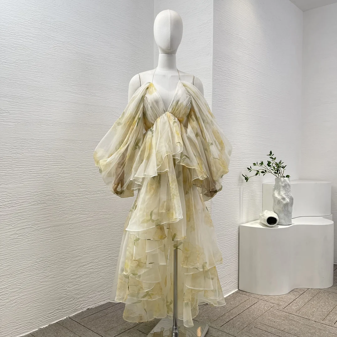 

Light Yellow Magnolia Floral Print Long Sleeve Halter Backless Irregular Hem Cascading Mixi Dress