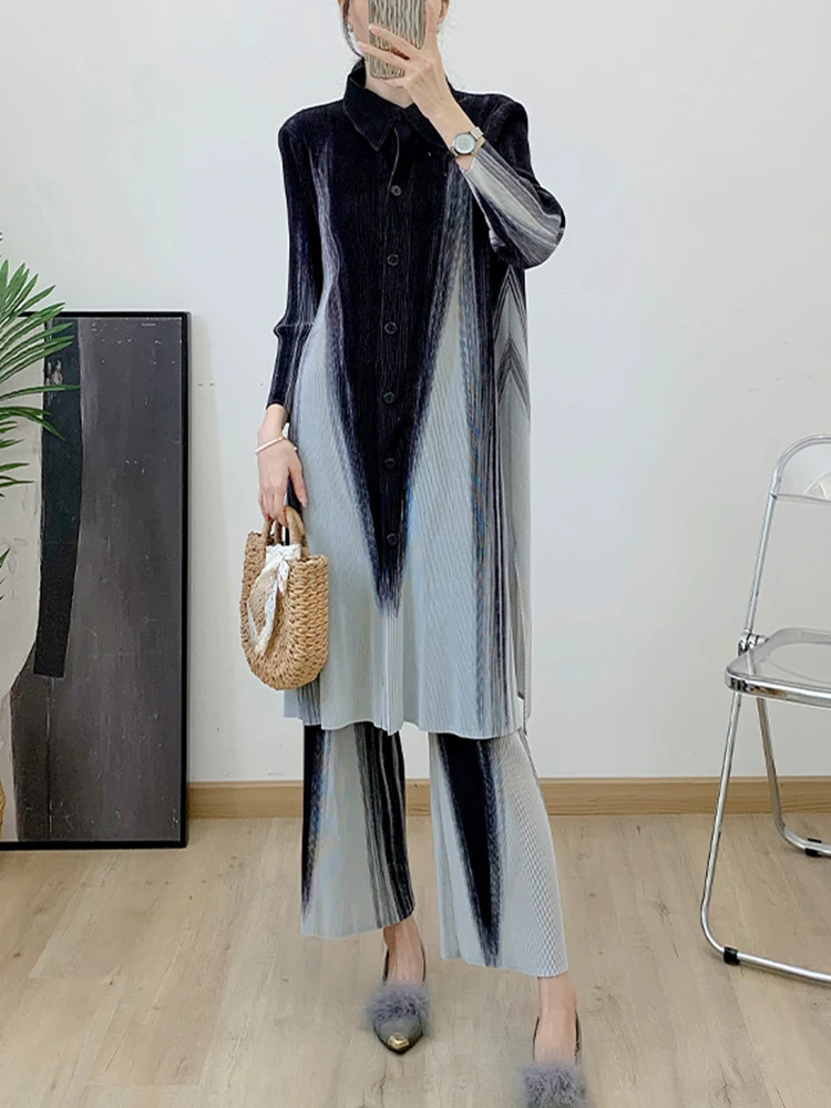 LANMREM Gradient Pants Sets Lapel Single Breasted Long Shirt With Wide Leg Pants Female Elegant Clothing 2024 Spring New 2DA3613