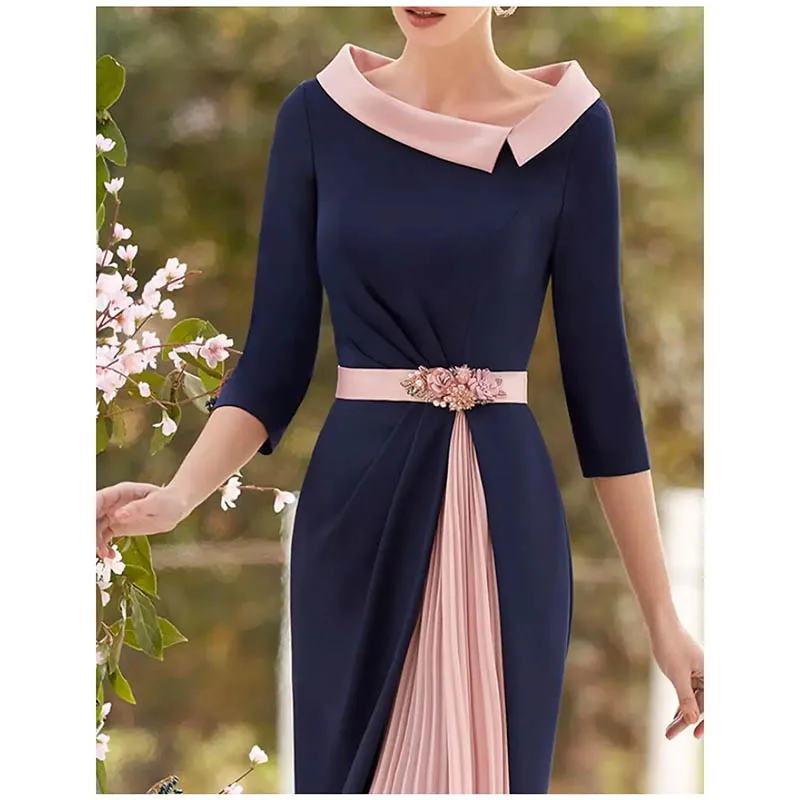 Stylish Contrast Color Mother Of The Bride Dresses Sheath Knee-Length Wedding Party Gown 3/4 Sleeve Decal Dresses For Women ﻿