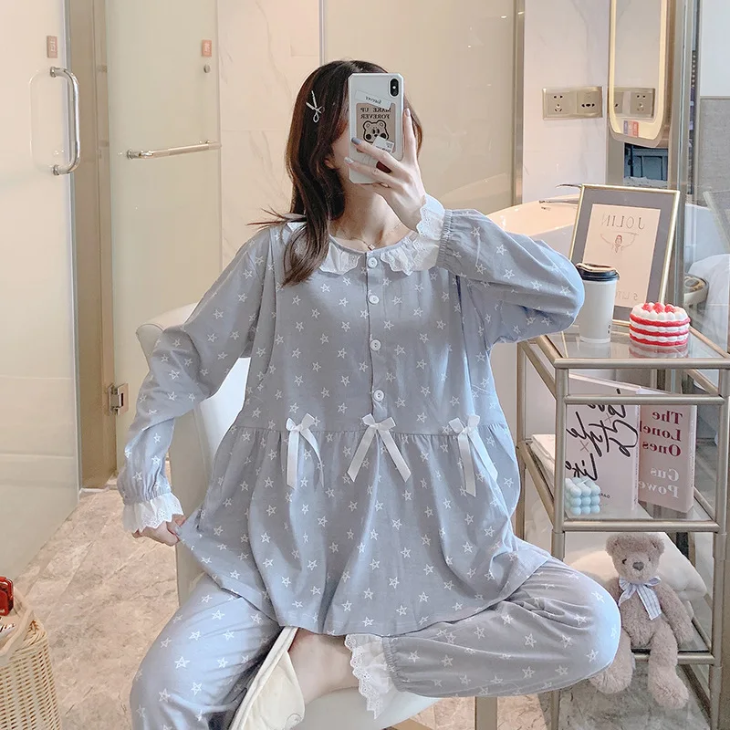 Maternity Spring and Fall Long-Sleeved Breastfeeding Pajamas Homewear Suit Spring and Summer Monthly Clothing Leisure Home Suit