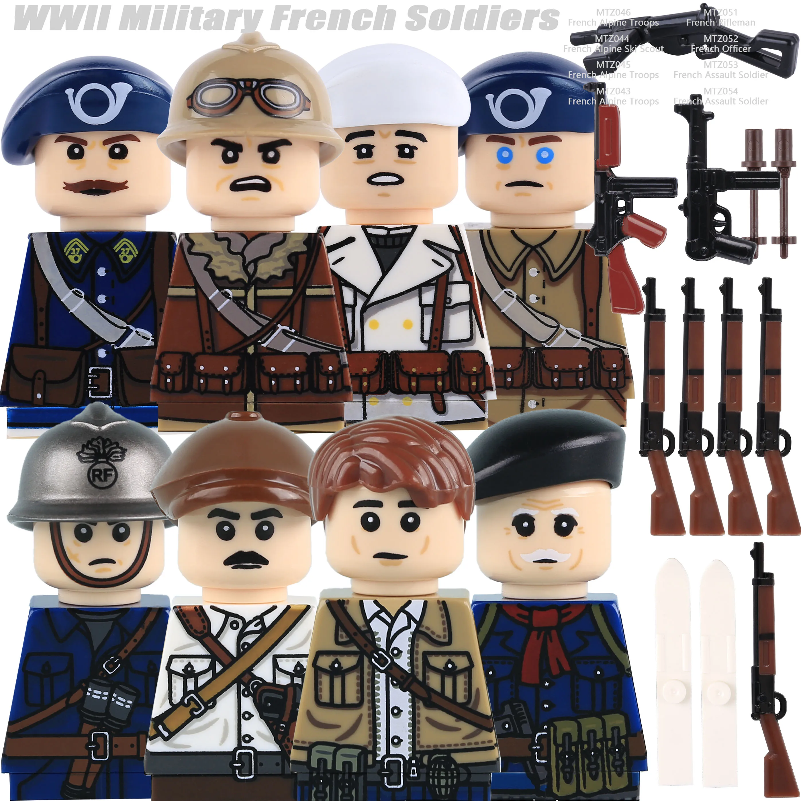 MOC WW2 Figurines de Soldats des Troupes Alpines Françaises Blocs de Construction Armée de Ski Scouts Armes Pistolet Casquette Briques Jouets Cadeau Enfants
