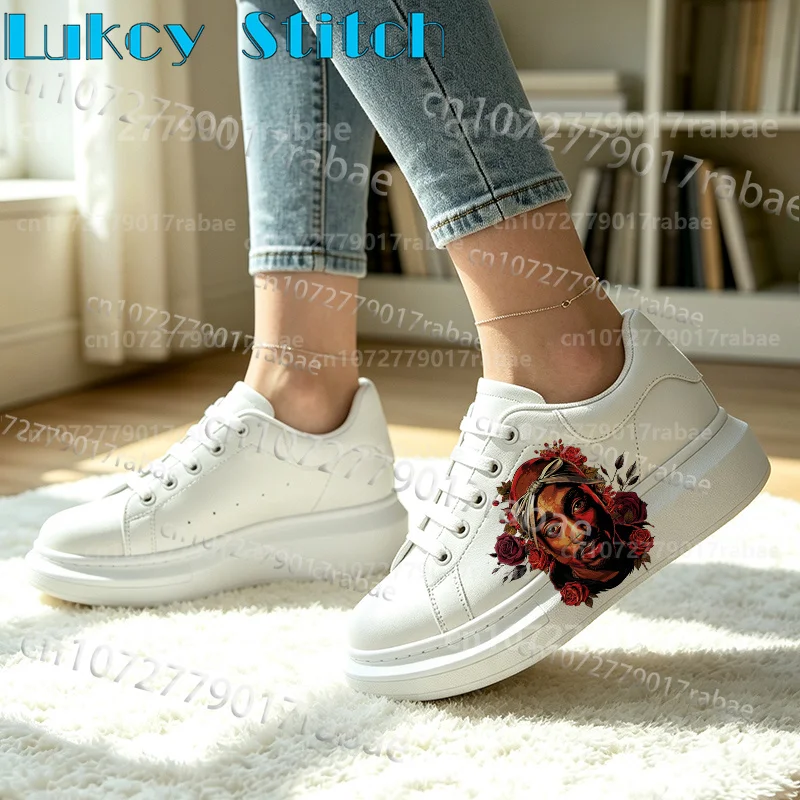 New High Quality Retro Art Figure Tupac 2Pac Rose Flower Graphic Unisex Casual Thick Bottom Board Sneakers Gift for Him