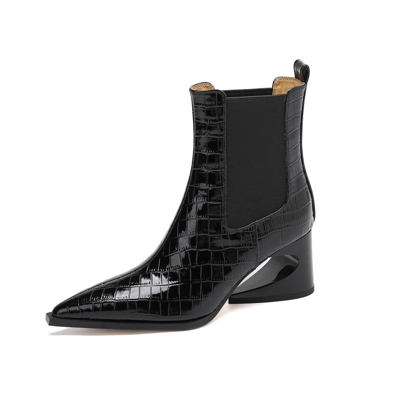 Women's New Leather Embossed Pattern Cowhide Pointed High Heels With Irregular and Retro Chelsea Short Boots Fashion Boots - view 3