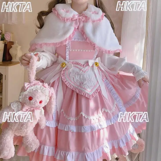 

Короткие куртки Kawaii Lolita, топы, женские милые осенние новые кукольные воротники с кружевным бантом, розовые шерстяные накидки, пальто для женщин