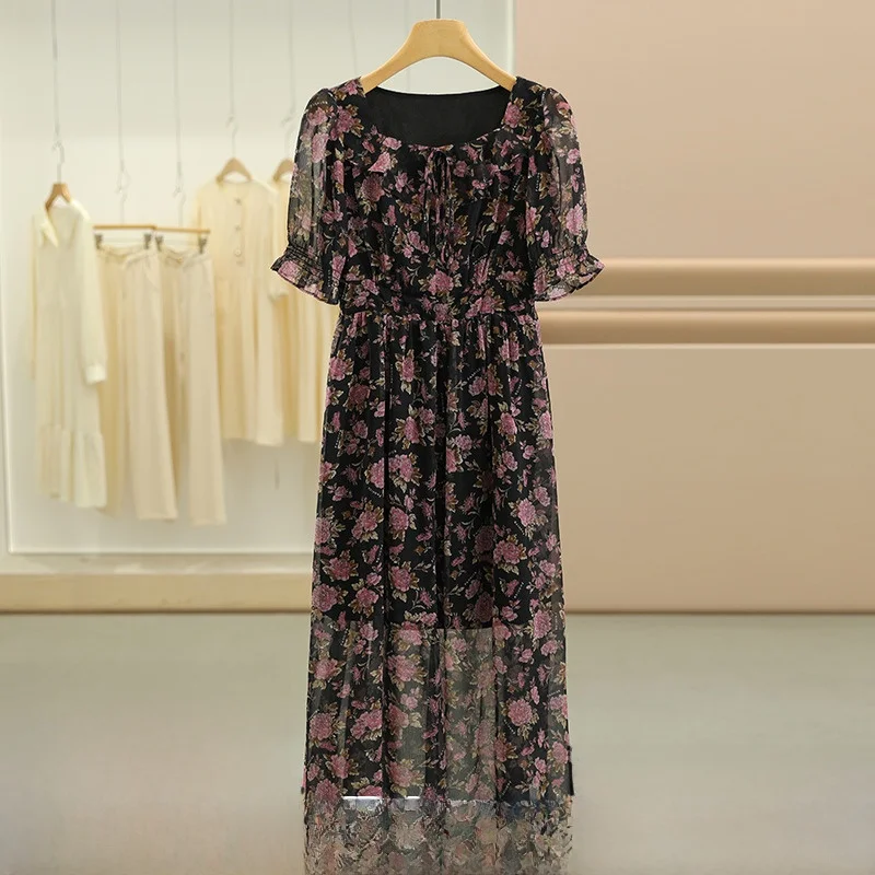 تونغ سلي الأزهار طباعة نفخة Sve Dr مع حزام عالية الخصر ort Sve ساحة طوق ألف خط الصيف الدكتور النسخة الكورية