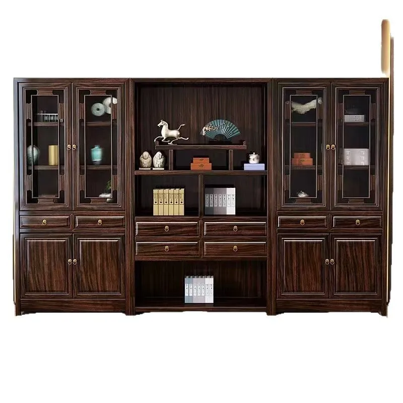 

Ebony solid wood bookcase combination new Chinese style with glass cabinet door study office living room villa bookcase