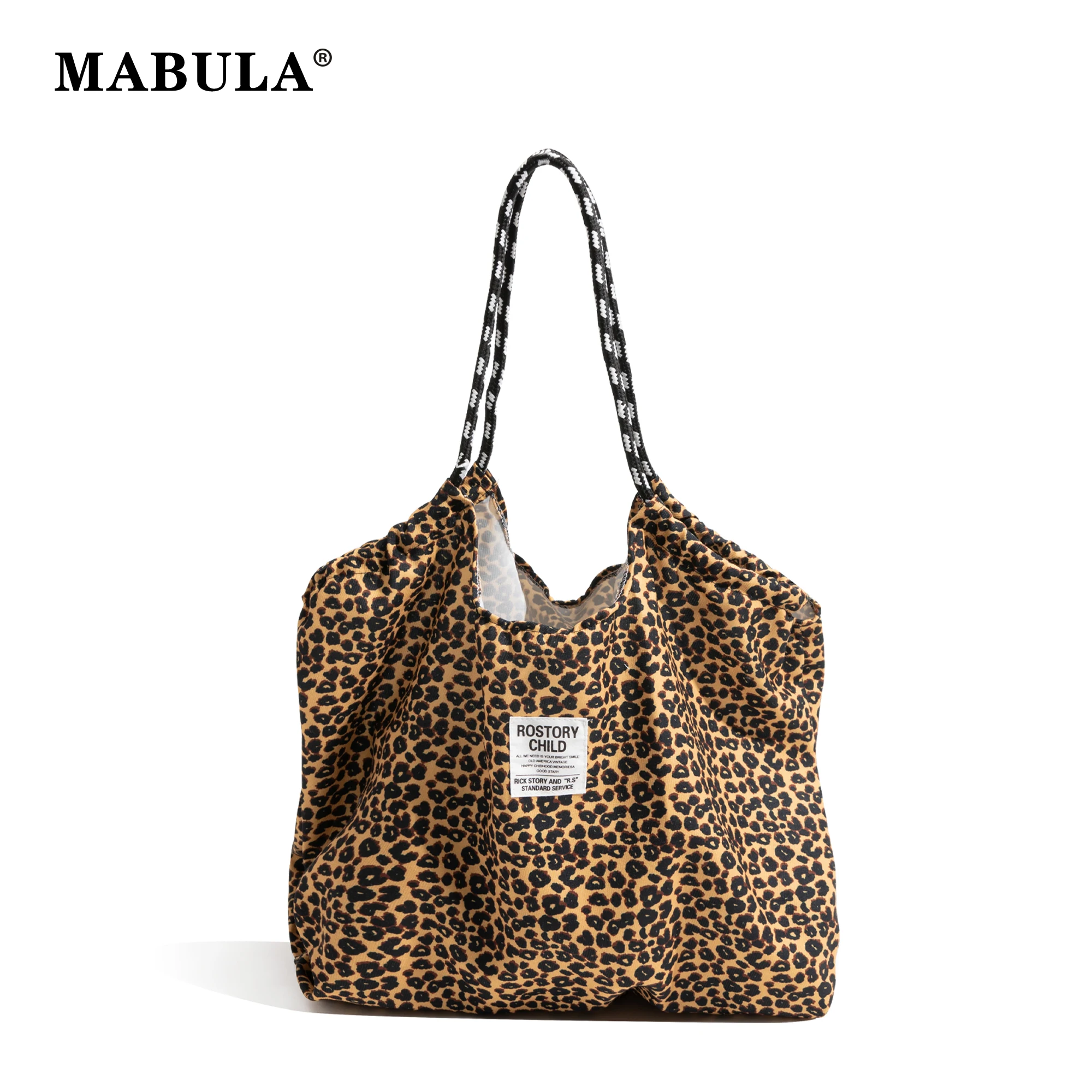 MABULA Vintage Leopard Purse Drawstring Design Nylon Lightweight Shopping Grocery Tote Bag Fashion Women Shoulder Bag For Travel