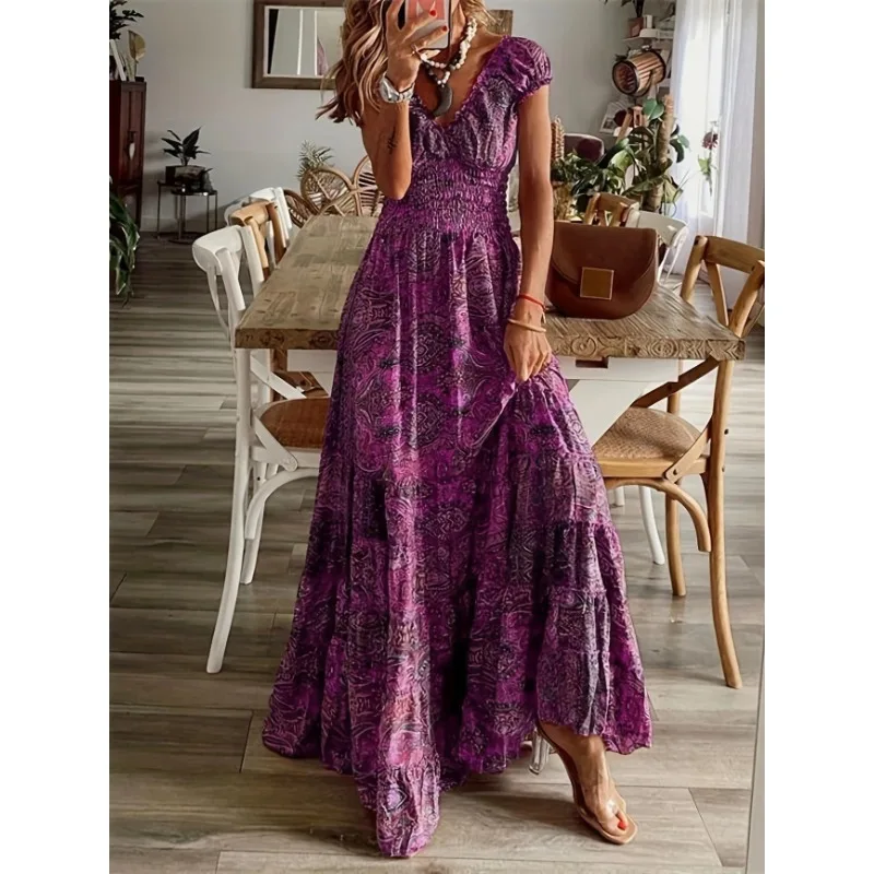 Sukienki maxi damskie plus size 1XL-5XL, nowe, letnie, vintage, z nadrukiem, codzienne, z dekoltem w serek, krótkim rękawem, elastyczną talią, długie sukienki damskie.