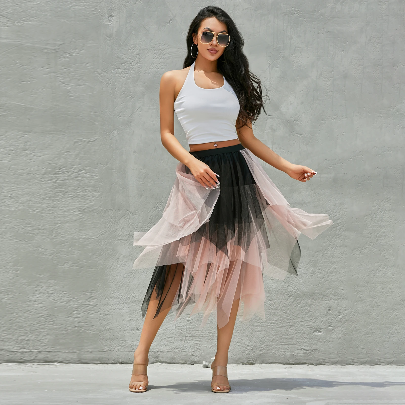 

New Women Fashion Midi Skirts Contrast Color Solid Color Elastic High Waist Irregular Ruffles Multi-Layered Tulle Tutu Skirts