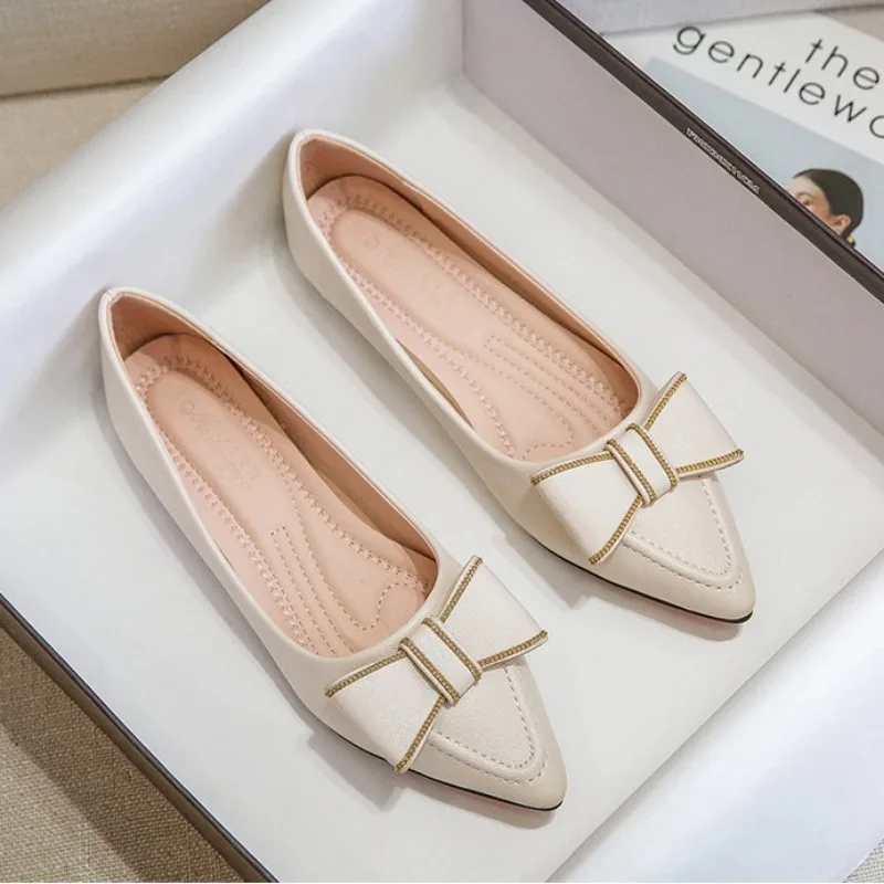 Big Size 33-43 Women Girls Flats Low Heel Sweet Bowknot Pumps Office Lady Leahter Shoes Slip on Female Boat Shoes Ballet Flats