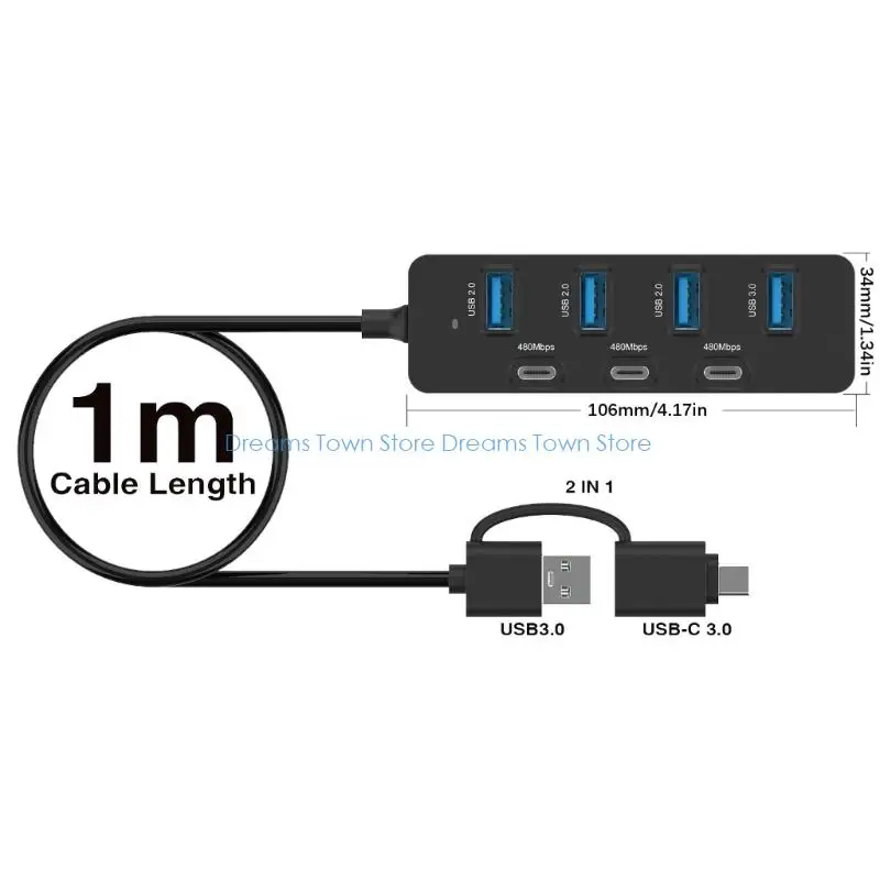 HX6A 7 Port USB Hubs with Double USB A and USB C Plugs for High Speed 5Gbps Data Transfer Plugs and Play Wide Compatibility