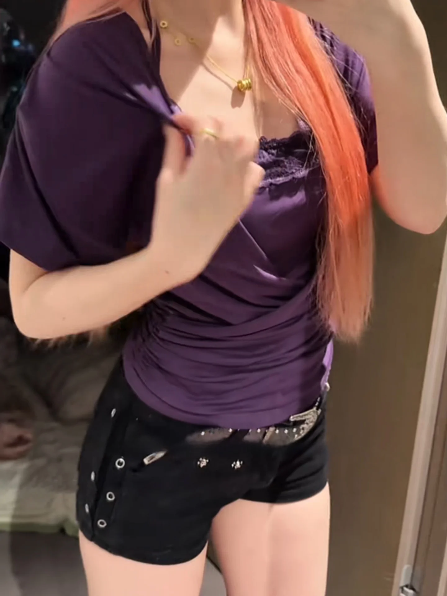 

Slim Fit ort Sve T-irt Women Summer Loose Cross Stitched Waist Cuffed ort Top Korean Sle Commute Pure Color Batwin...