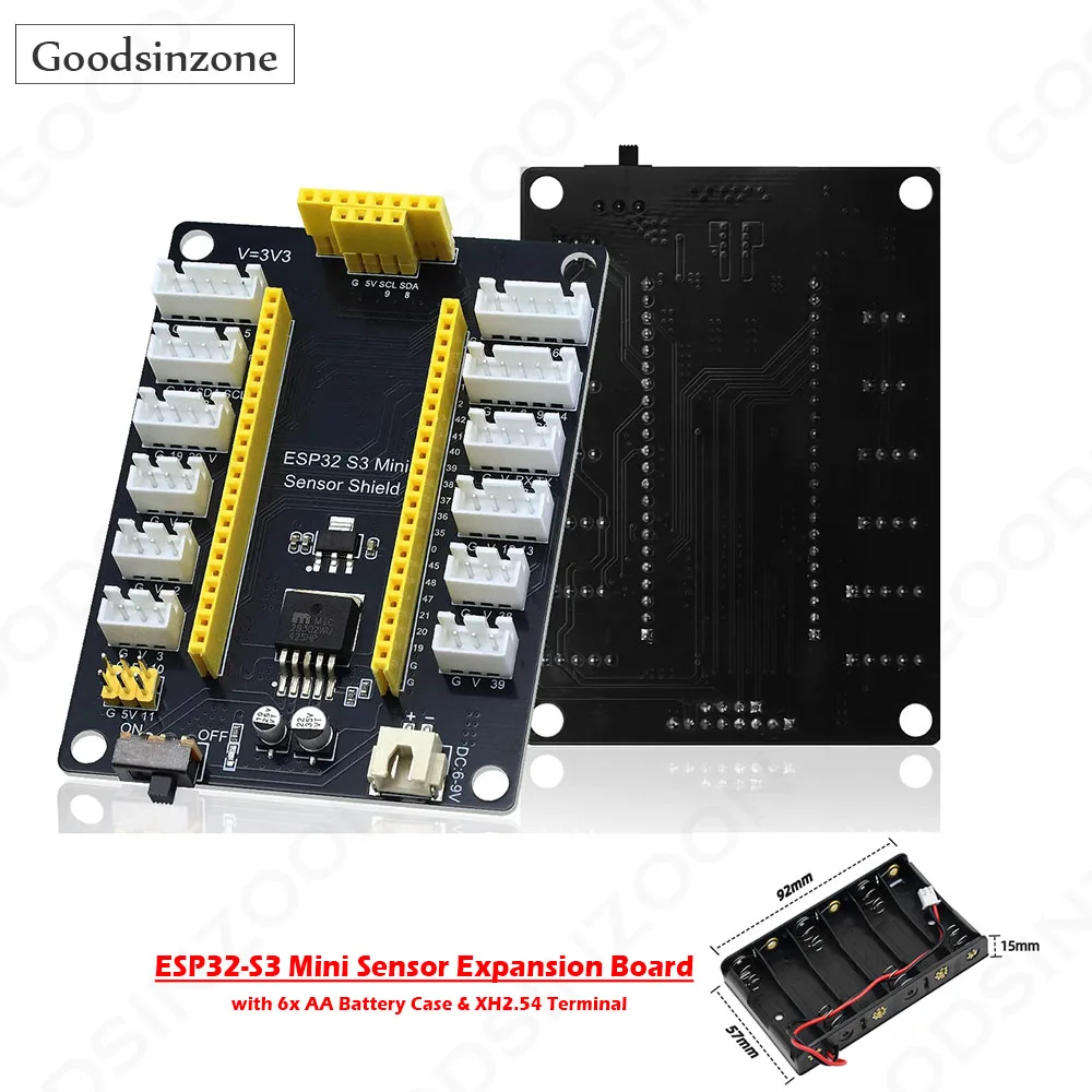 ESP32-S3 Mini Sensor Expansion Board with 6x AA Battery Case & XH2.54 Terminal – IoT Development Shield for ESP32 S3
