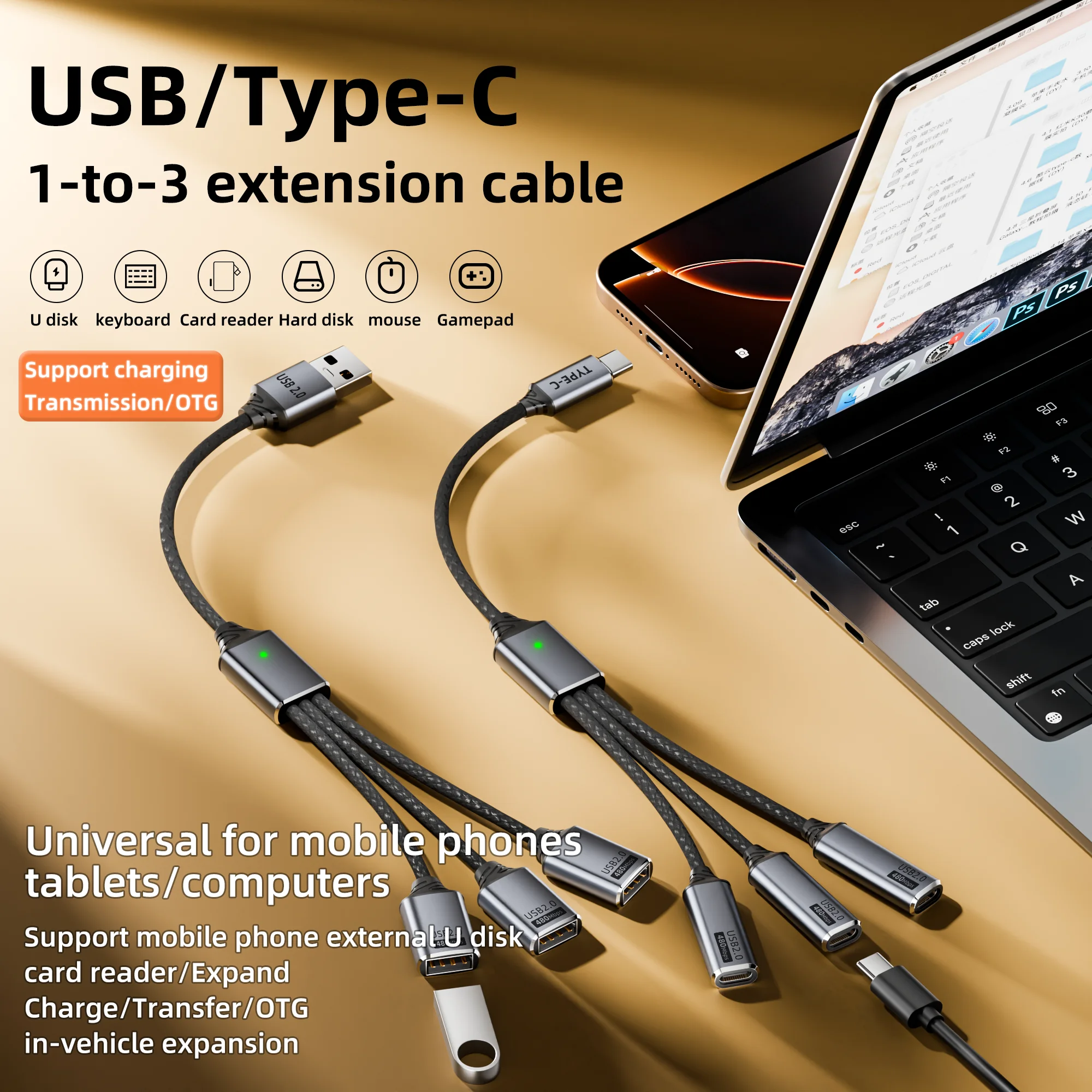 USB-splitterkabel 1-in-3 uitga - Gaming Keyboard Type C recensie en prijs