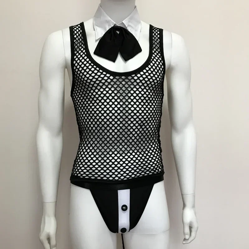 

FYXLJJ мужские комплекты сексуального нижнего белья, мужское боди в сеточку, нижнее белье, сетчатый бандажный комбинезон без рукавов, эротическая ночная рубашка для геев