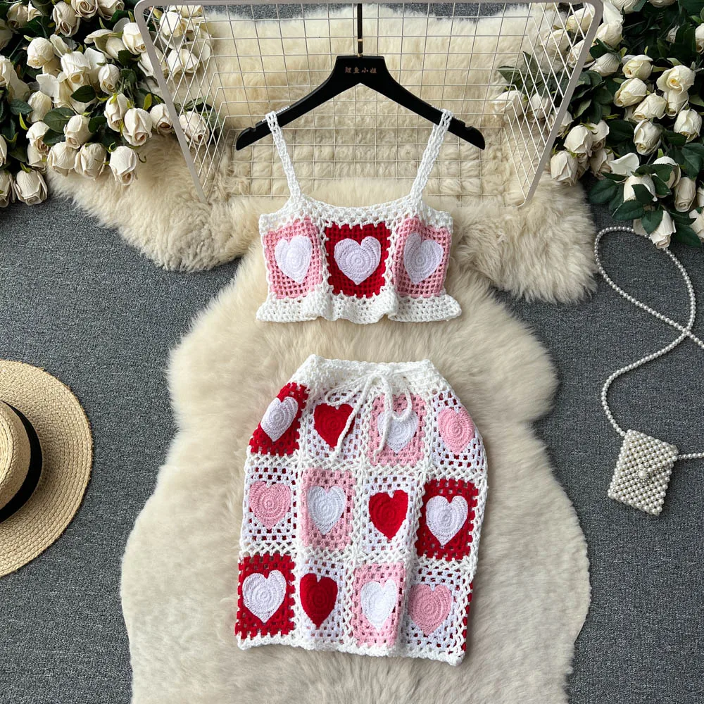 Fashion Heart Print Knitted Beach Two Pieces Suits Women Strap Backless Camis+Bodycon Skirts Korean Slim Sexy Sets