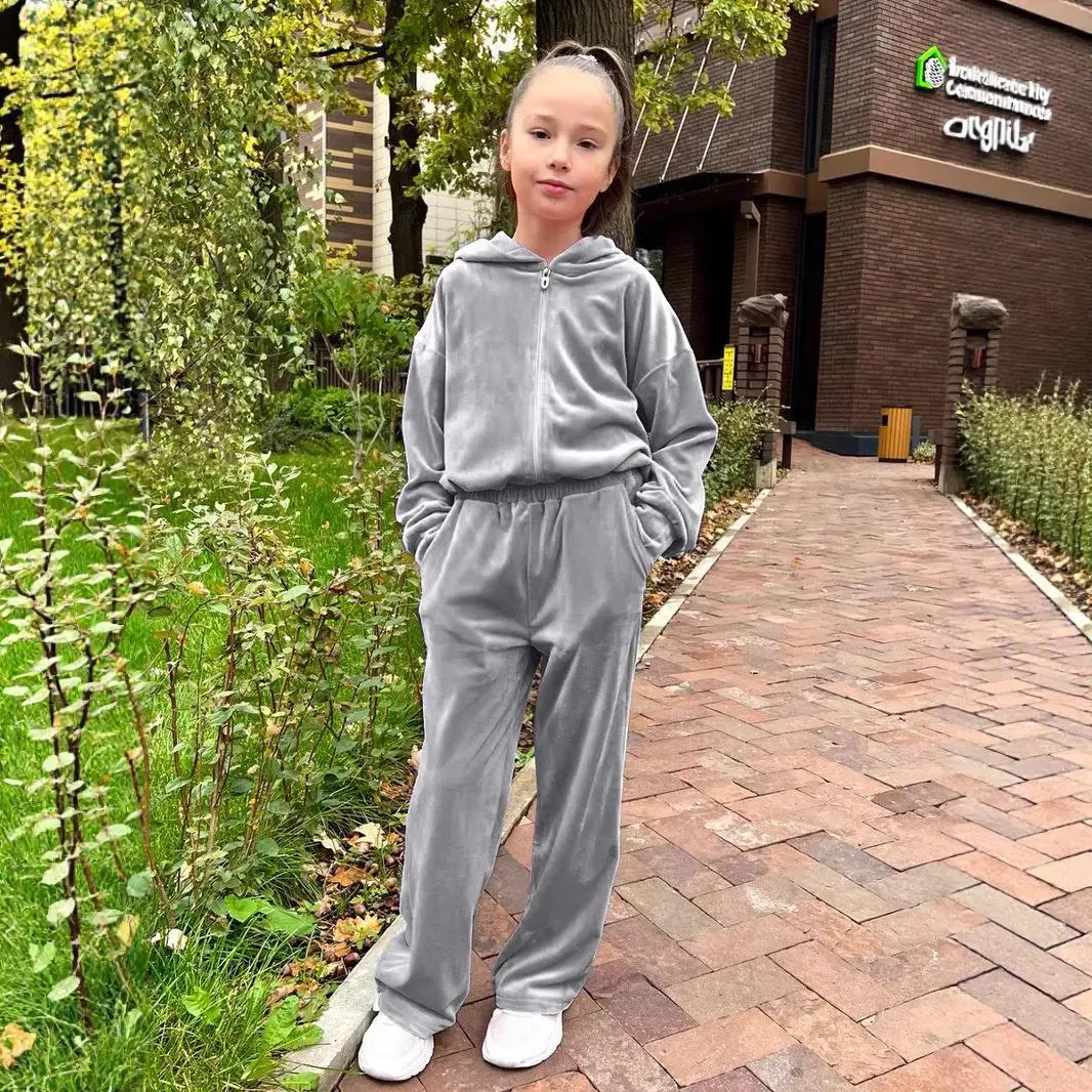 

Детский повседневный комплект с капюшоном Long Sve и брюками с эластичной резинкой на талии, комплект из двух предметов, однотонная одежда для девочек, осенняя одежда