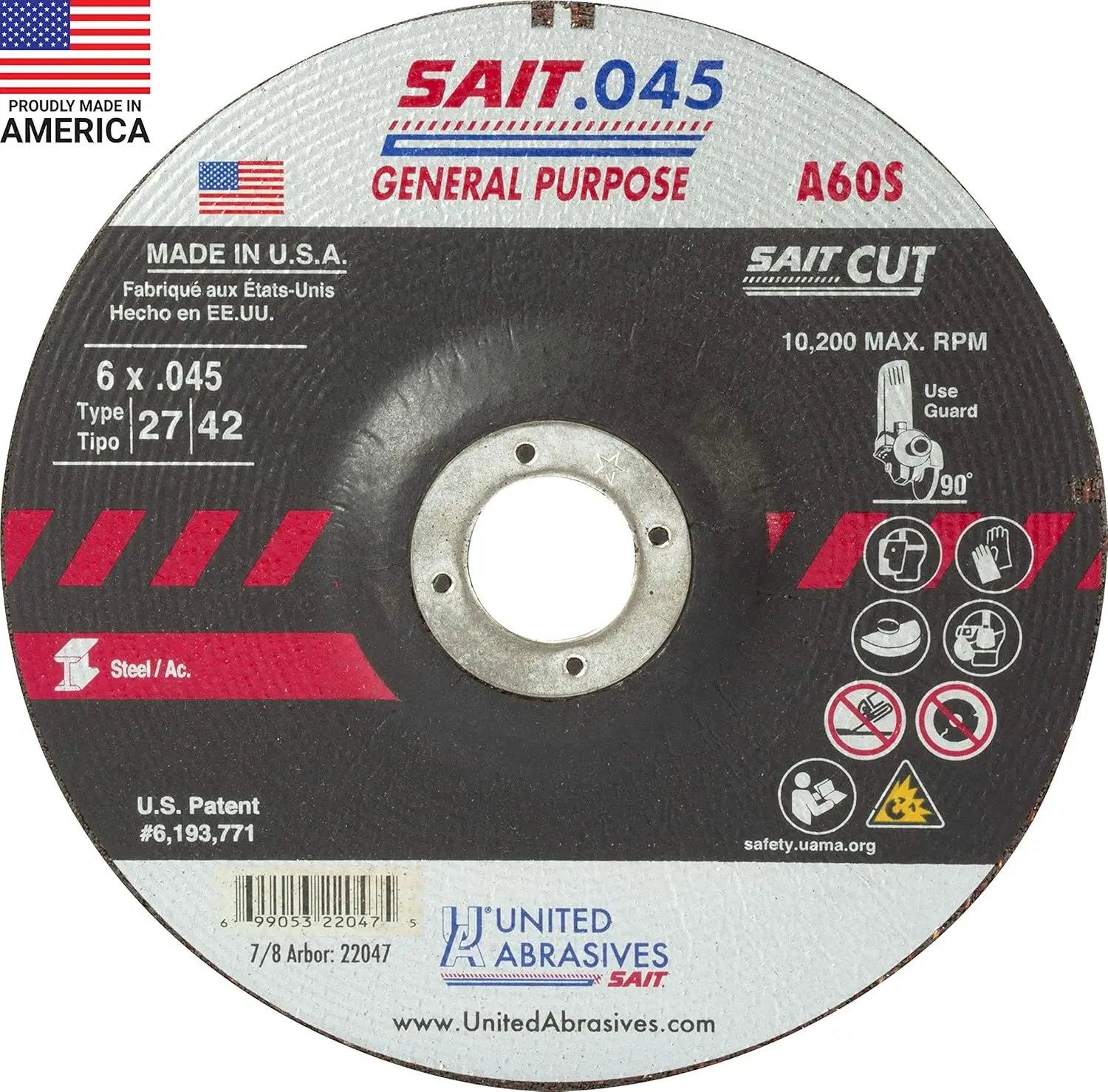 Abrasives-SAIT 22047 A60S Rueda de corte de uso general (Tipo 27/Tipo 42 Centro depresado) 6" x.045" x 7/8", paquete de 50