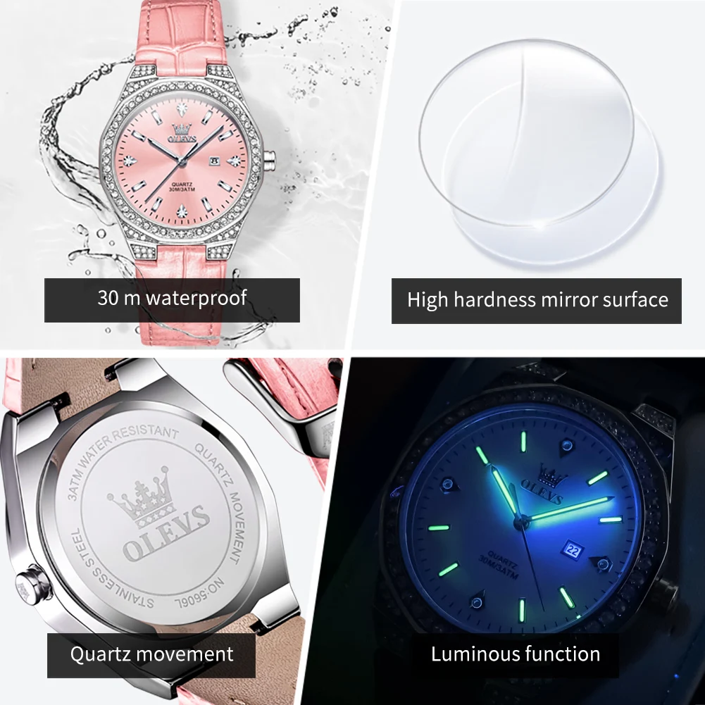 OLEVS NEW Women's Watches Pink Leather Strap Full Diamond New Style Date Waterproof Original Quartz Watch for Girl Fashion