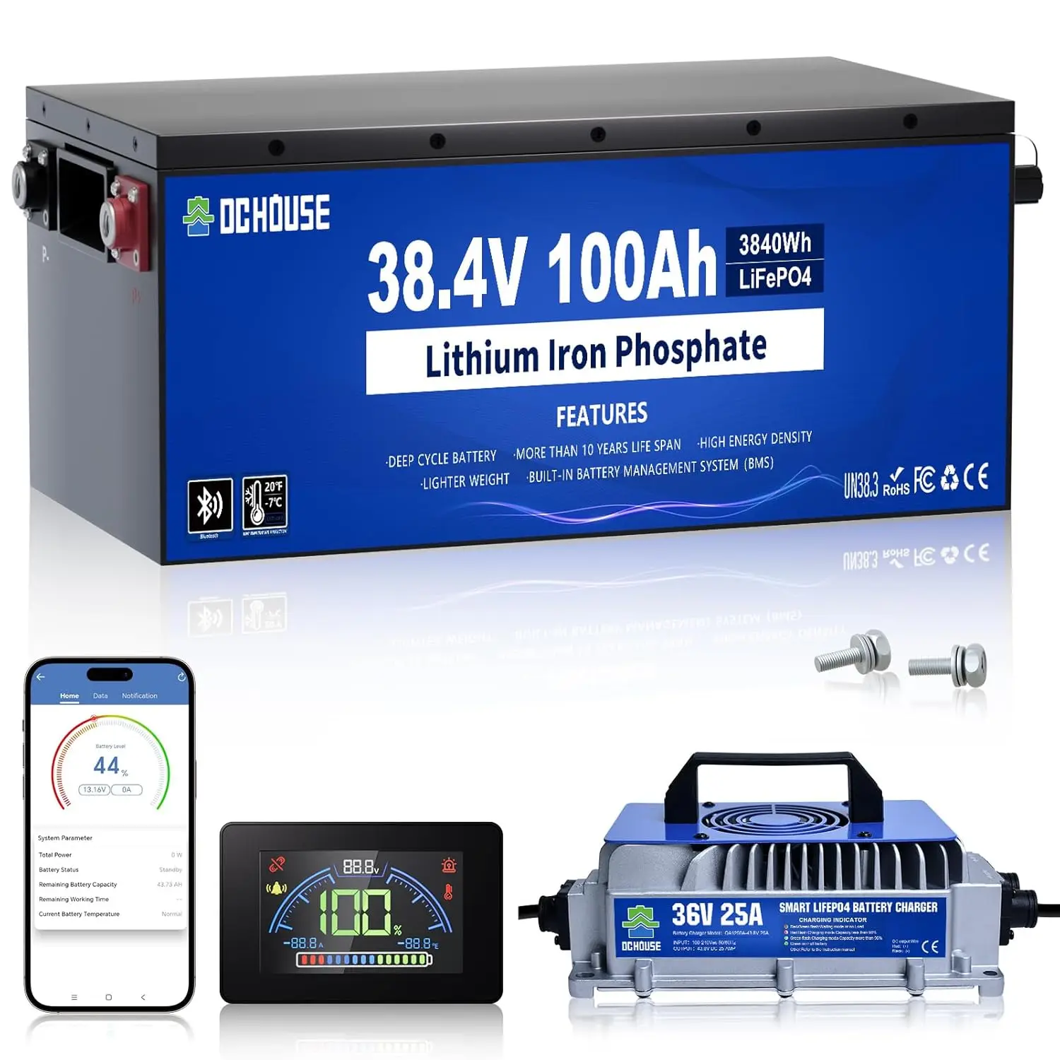 

Литиевая батарея для тележки для гольфа с металлическим корпусом 36 В, 100 Ач Pro, аккумулятор LiFePO4 с зарядным устройством 36 В, 25 А, мобильное приложение Bluetooth и ЖК-дисплей, по индивидуальному заказу