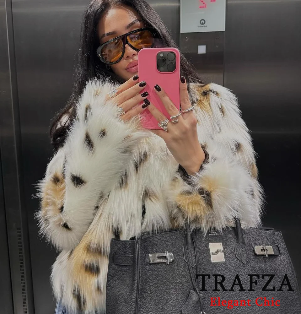 TRAFZA-Women Fashion Faux Fur Jacket Animal Pattern Half Turtleneck Jacket New 2024 Fall Winter High Street Modern Girl Jacket