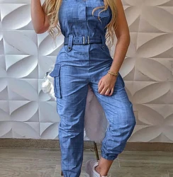 Bayanlar yaz moda rahat yönlü kolsuz düz renk spor taklit Denim nötr yüksek bel iş elbise tulum