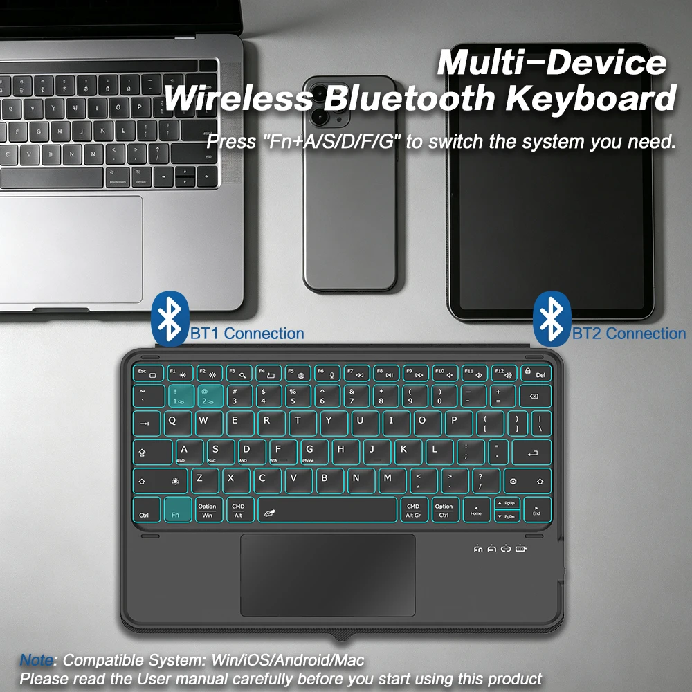 Rechargeable Bluetooth Wireless Touchpad Keyboard with Leather Holder,Portable 78Key Wireless Backlit Keyboard for Window/Mac OS