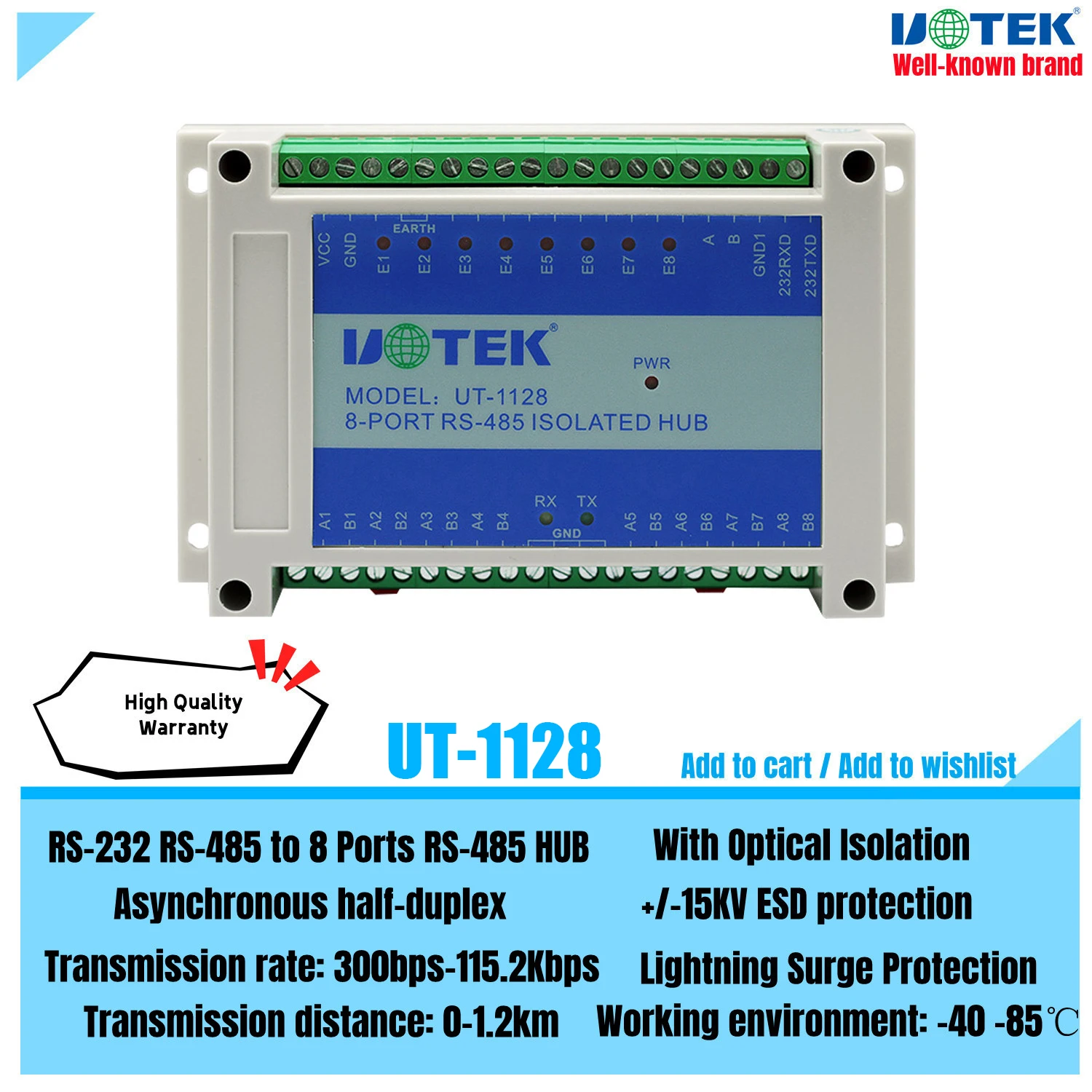 

UOTEK Industrial RS232 RS-232 RS-485 to 8 Ports RS485 Serial HUB RS485 Optoelectronic Isolation ESD Anti Surge Adapter UT-1128