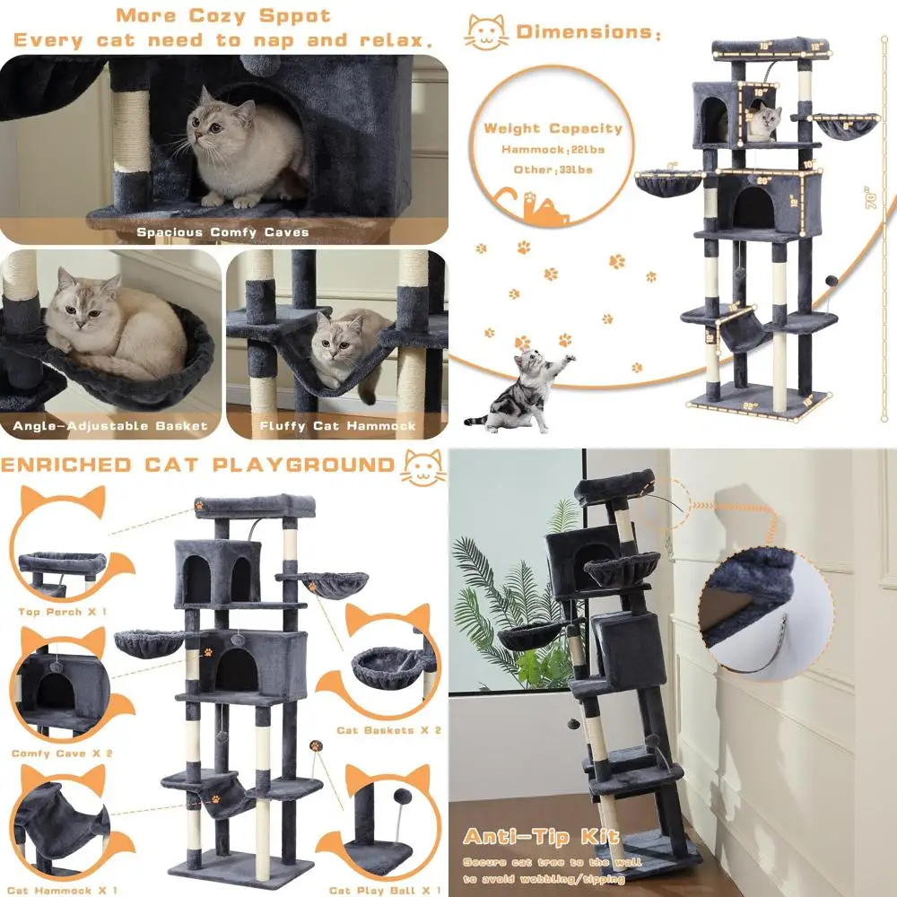 

70-Inch Large Cat Tower with Hammock, Scratching Post, Condo, and Multi-Level Playhouse in Dark Gray