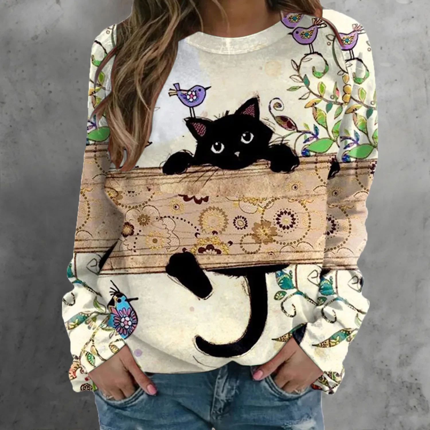 Cats and Birds Sweatshirt Soft and Comfortable Long Sleeve Crew Neck Design for Casual Wear - Perfect for Ladies and Girls Wom