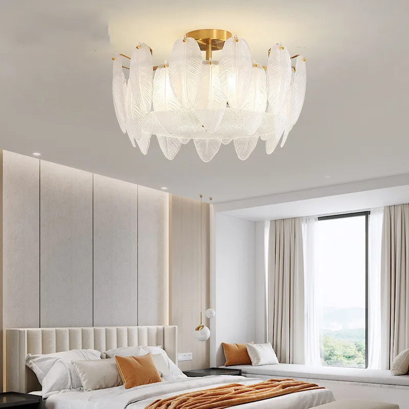 Nordic Cream Style Pendant Lamp Modern Luxurious Feather Glass Creative Ceiling Lamp Modern Living Room Bedroom Lighting Fixture