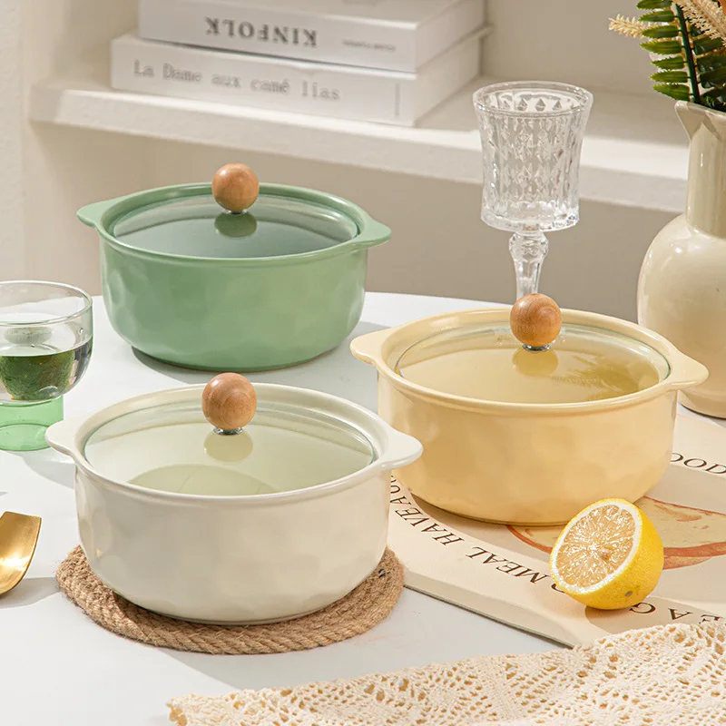 Double-eared instant noodle ceramic bowl with lid office dormitory student for home soup bowl snail noodle bowl